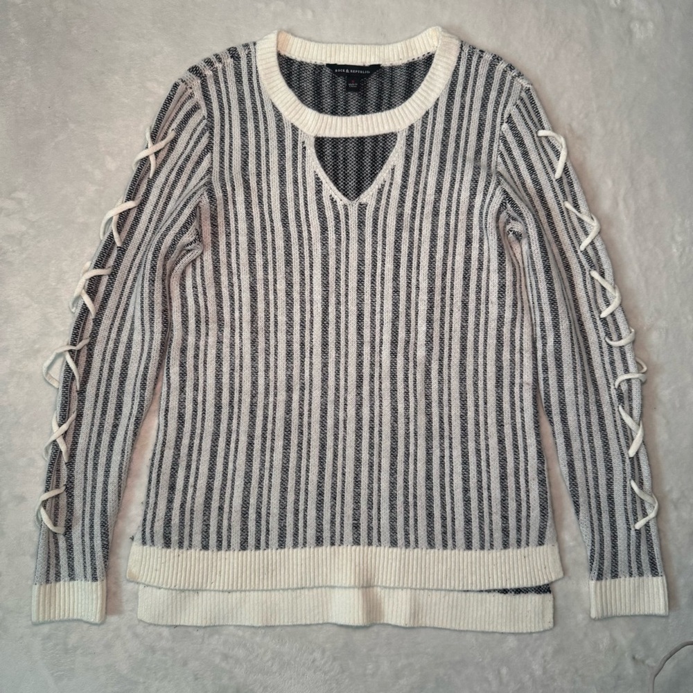Grunge Knit Gray and White Striped Sweater with Lace-Up Sleeves, Unisex